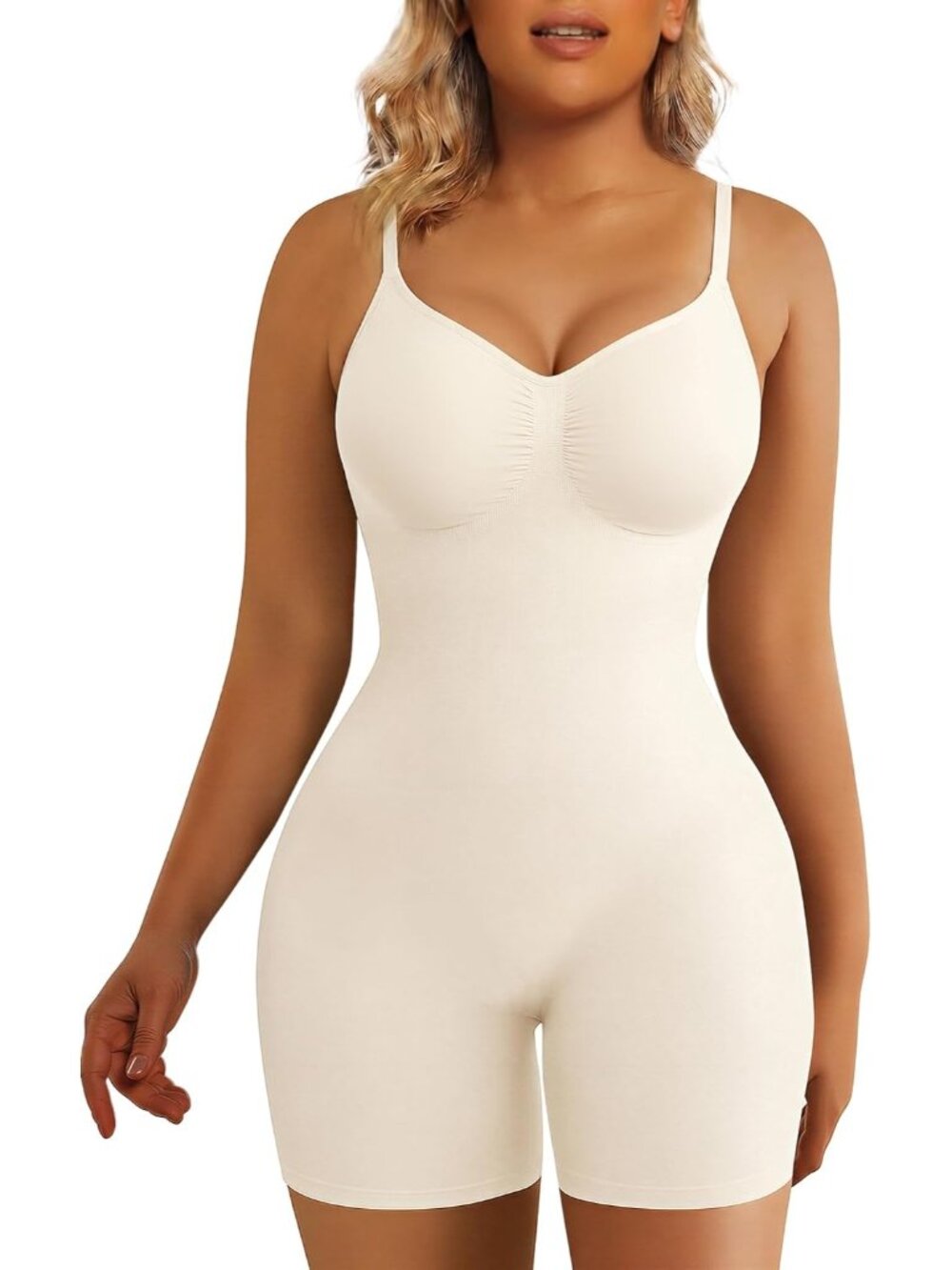 Shaperx Women's White Tummy Control Bodysuit Mid Thigh Short Body Shapewear